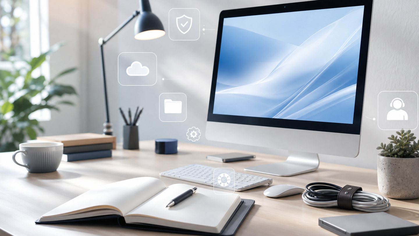 Bureau propre avec ordinateur et interfaces abstraites pour l’accompagnement informatique du quotidien