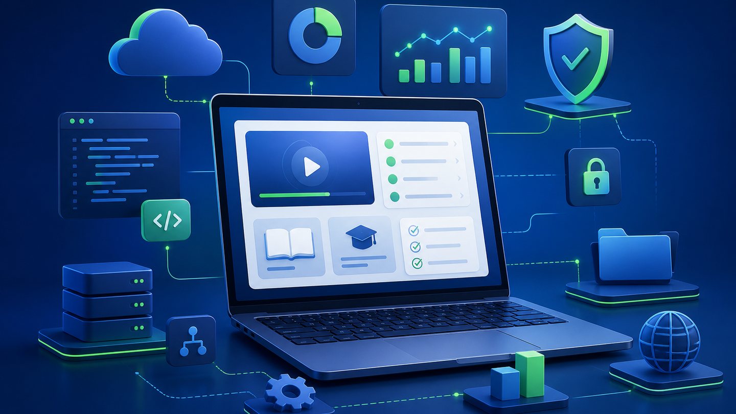 Ordinateur portable et interfaces abstraites pour illustrer la formation informatique et les outils numériques